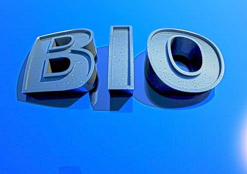 BIO. Glass text on plastic background. 3D rendering.