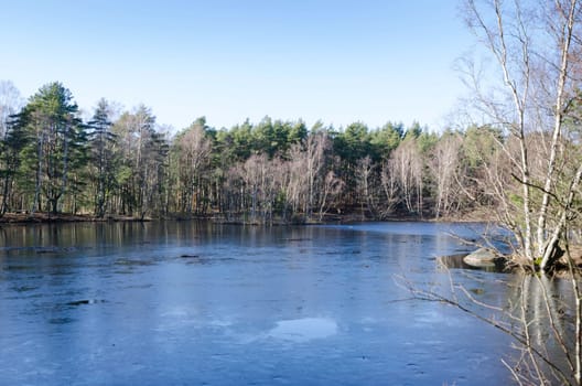 one little lake in Februari the water is still and frozen and the sky is blue
