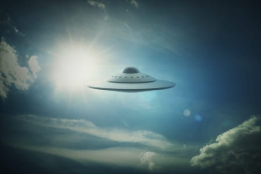 3D illustration with photography. Alien spaceship under the sun.