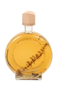Alcohol beverage in bottle of brandy on white background.