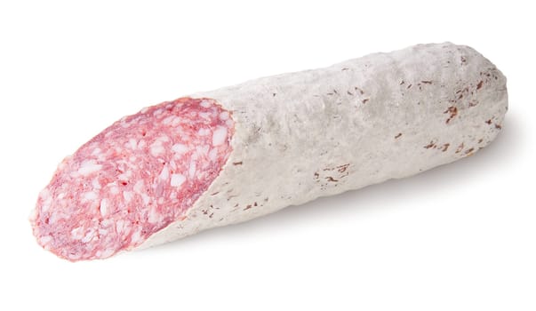 Cut a piece of salami isolated on white background