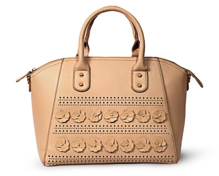 In front elegant women beige handbag isolated on white background