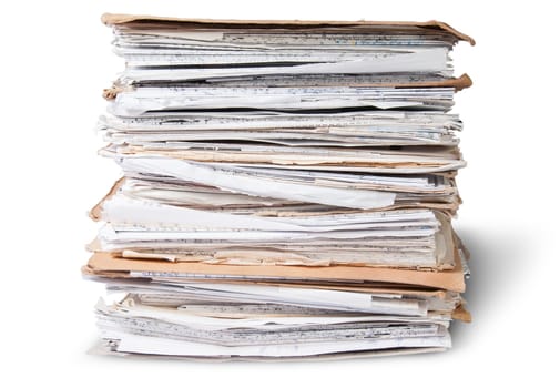 In Front Old Files In Stack Isolated On White Background