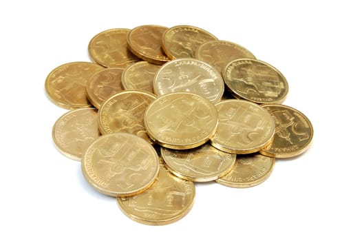 Coins of Serbian dinar are on white background.