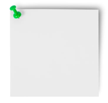 White sticker pinned green office pin isolated on white background