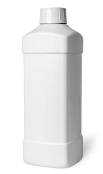 White plastic bottle of detergent rotated isolated on white background
