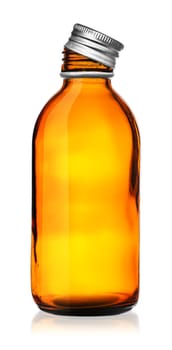 Medical bottle with cover removed isolated on white background