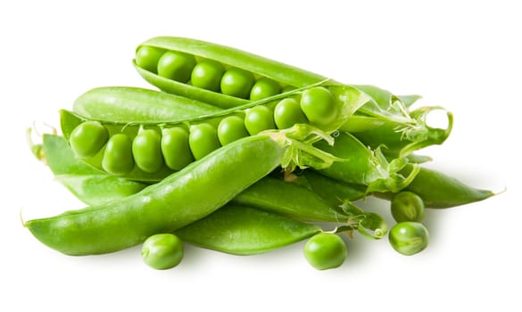 Pile green peas in pods with peas isolated on white background
