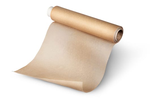 Unwound roll of parchment paper for baking isolated on white background