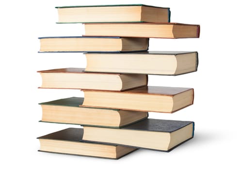 Vertical stack in old books rotated isolated on white background