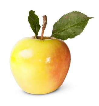 Juicy Apple With Green Leaves Isolated On White Background