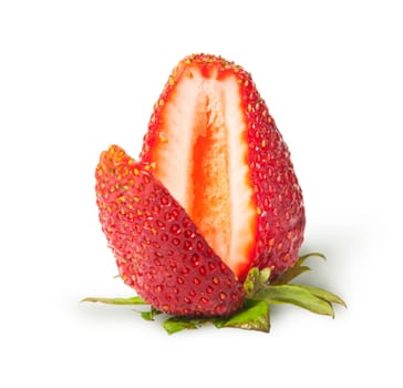 Juicy ripe strawberries with cut segment rotated isolated on white background