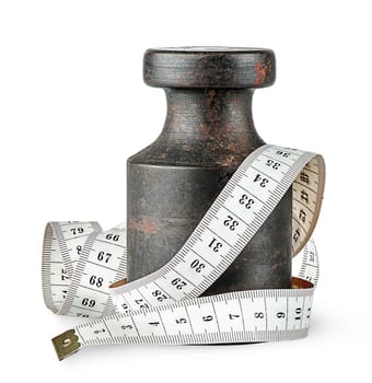 Old rusty weight wrapped centimeter isolated on white background