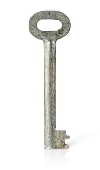 Old rusty big key vertically isolated on white background