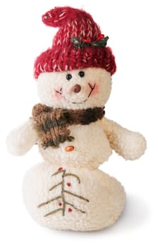 Smiling snowman toy dressed in scarf and cap isolated on white background