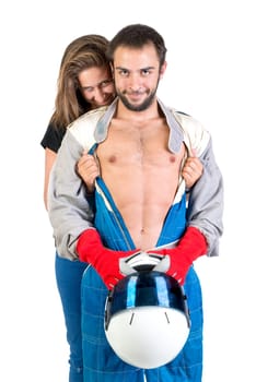 Racing driver posing with girl isolated in white