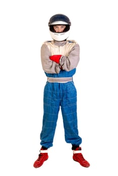 Racing driver posing with helmet isolated in white
