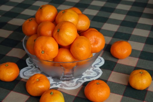 Mandarins are in plate on table. Still life.