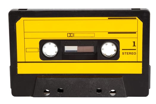 Cropped music cassette on white background