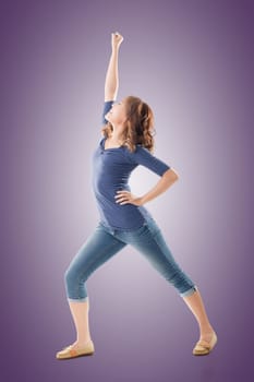 Excited Asian young girl, full length portrait isolated.