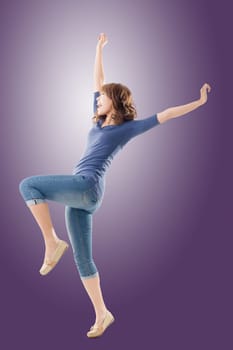 Excited Asian young girl, full length portrait isolated.