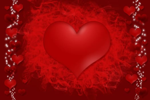 One big red heart is placed in the center of the image. Smaller light and dark hearts, through which streaks of luminous stars are on the edge of the image.