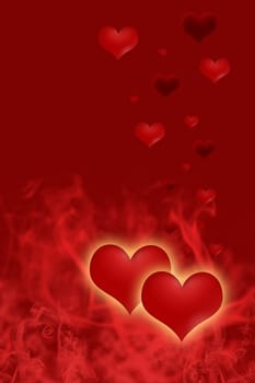 Two hearts with a golden glow are located at the bottom of the image.The small red hearts are above them. Everything on a red background.