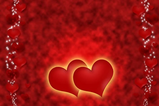 Two hearts with a golden glow are located at the bottom of the image in the red smoke.The small red hearts with stars are in the right and left edges of the image. Everything on a red background.