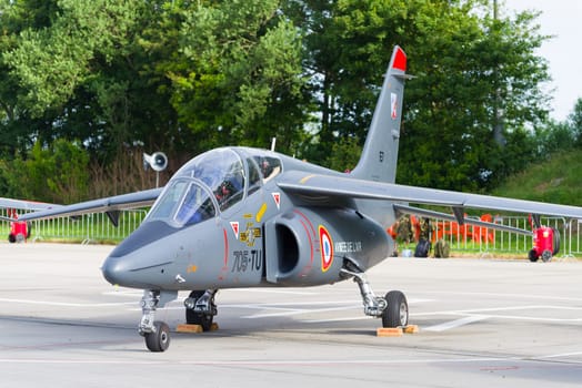 LEEUWARDEN, NETHERLANDS - JUNE 10, 2016: parked dassault-dornier alpha jet fighter at the dutch air force open days
