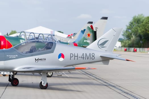 LEEUWARDEN, NETHERLANDS - JUNE 6, 2016: Blackshape Prime BS-100 ultralight aircraft at the Royal Dutch Air Force open days. The aircraft first flew in 2007