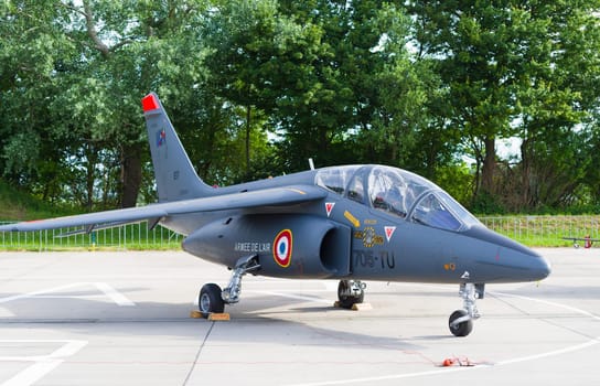 LEEUWARDEN, NETHERLANDS - JUNE 10, 2016: parked dassault-dornier alpha jet fighter at the dutch air force open days