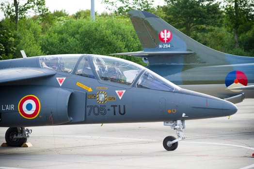 LEEUWARDEN, NETHERLANDS - JUNE 10, 2016: parked dassault-dornier alpha jet fighter at the dutch air force open days