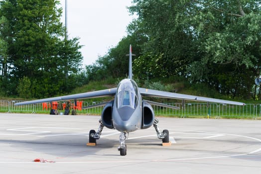LEEUWARDEN, NETHERLANDS - JUNE 10, 2016: parked dassault-dornier alpha jet fighter at the dutch air force open days