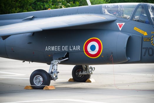 LEEUWARDEN, NETHERLANDS - JUNE 10, 2016: parked dassault-dornier alpha jet fighter at the dutch air force open days
