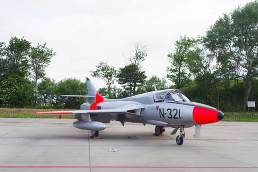 LEEUWARDEN, NETHERLANDS - JUNI 10 2016:  Hawker Hunter T.8C G-BWGL/N-321 fighter at the air force days in Leeuwarden