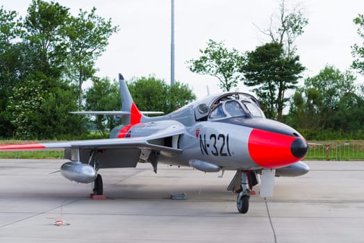 LEEUWARDEN, NETHERLANDS - JUNI 10 2016:  Hawker Hunter T.8C G-BWGL/N-321 fighter at the air force days in Leeuwarden