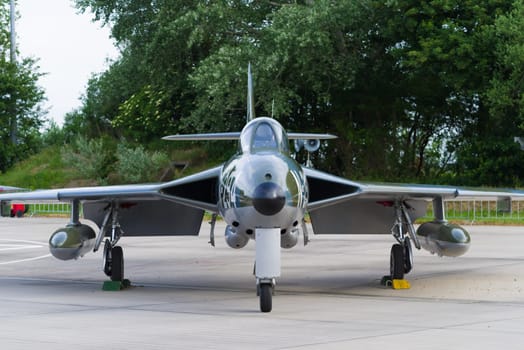 LEEUWARDEN, NETHERLANDS - JUNI 10 2016:  Dutch Hawker Hunter F6A N-294 fighter at the air force days in Leeuwarden