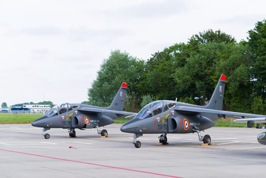 LEEUWARDEN, NETHERLANDS - JUNE 10, 2016: parked dassault-dornier alpha jet fighter at the dutch air force open days
