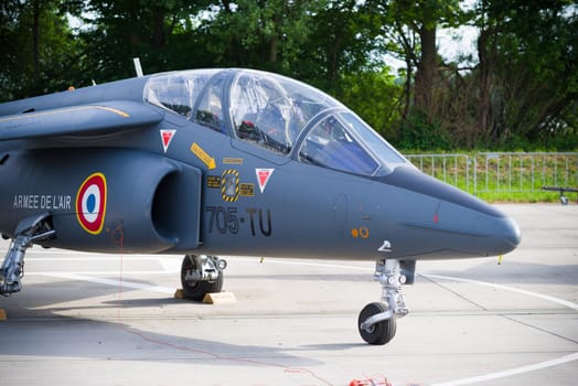 LEEUWARDEN, NETHERLANDS - JUNE 10, 2016: parked dassault-dornier alpha jet fighter at the dutch air force open days