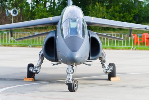 LEEUWARDEN, NETHERLANDS - JUNE 10, 2016: parked dassault-dornier alpha jet fighter at the dutch air force open days
