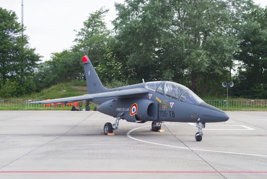 LEEUWARDEN, NETHERLANDS - JUNE 10, 2016: parked dassault-dornier alpha jet fighter at the dutch air force open days