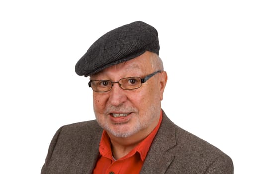 Portrait of a senior citizen with glasses and sliding cap exposed on a white background