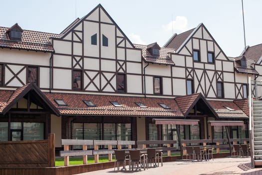 Kyiv, Ukraine - July 31, 2014: Village outlet Manufacture, dutch village with shops, modern architecture in fachwerk style