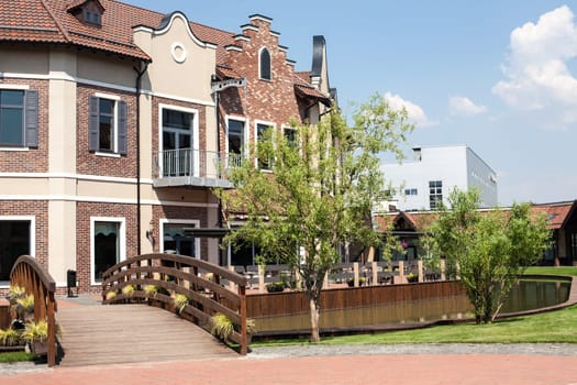 Kyiv, Ukraine - July 31, 2014: Village outlet Manufacture, dutch village with shops, modern architecture in fachwerk style