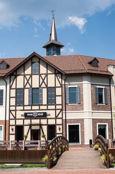 Kyiv, Ukraine - July 31, 2014: Village outlet Manufacture, dutch village with shops, modern architecture in fachwerk style