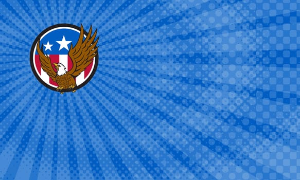 Business card showing Illustration of a bald eagle looking to the side spreading its wings viewed from front set inside circle with usa american flag in the background done in retro style.....