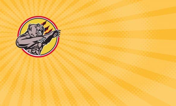 Business card showing Illustration of a angry California grizzly North American brown bear swiping his paw attacking done in retro style set inside circle....