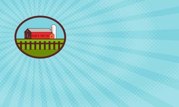 Business card showing Illustration of a farm house barn and silo with fence set inside oval shape done in retro style. ....
