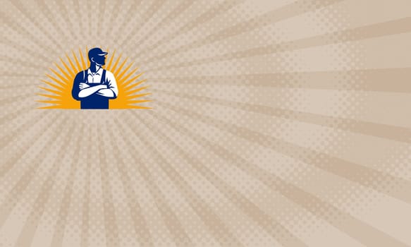 Business card showing Illustration of an organic farmer wearing hat and overalls arms folded looking to the side viewed from front with sunburst in the background done in retro style. ....