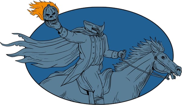 Drawing sketch style illustration of a headless horseman riding horse holding pumpkin head Jack-o-Lantern viewed from the side set inside oval shape on isolated background.